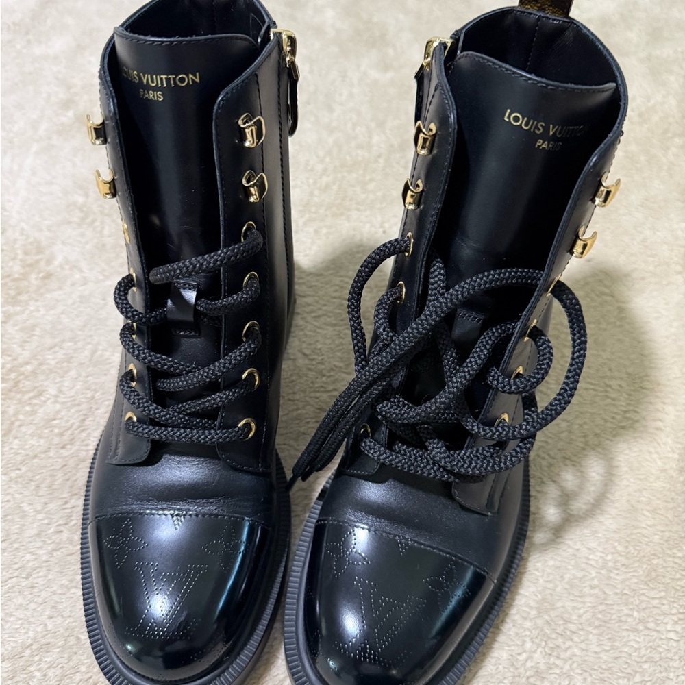 Louis Vuitton Black Lace-Up Leather Combat Boots with Gold Hardware